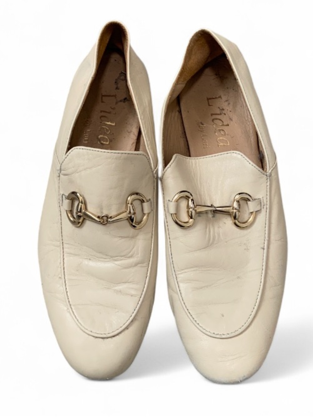 Vintage L’Idea Cream Leather Loafers with Gold Horsebit